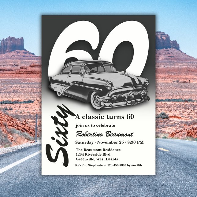 Convite Viagem Clássico Cinza Carro Completa 60 Anos (Criador carregado)