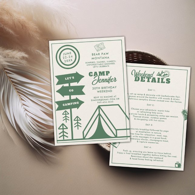 Convite Viagem de aniversário de 30 anos da Floresta de Ca (camping 30th birthday weekend itinerary modern minimalist camp mountains forest green)