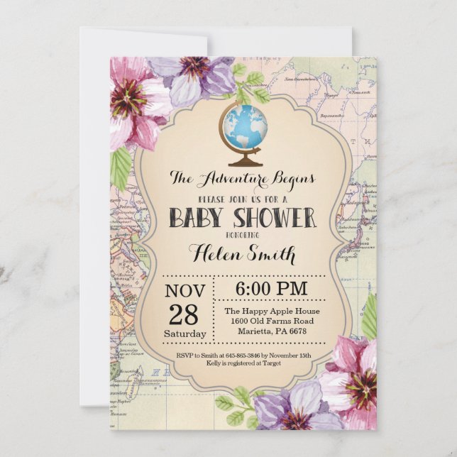 Convite Viagem de Mapa Floral do Chá de fraldas de Aventur (Frente)