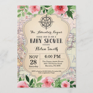 Convite Viagem de Mapa Floral Rosa de Chá de fraldas Adven