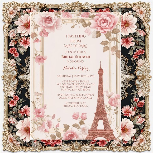 Convite Viagem de Senhorita a Senhora Chá de Bebê Paris  (Traveling from Miss to Mrs Bridal Shower Paris Invitation)