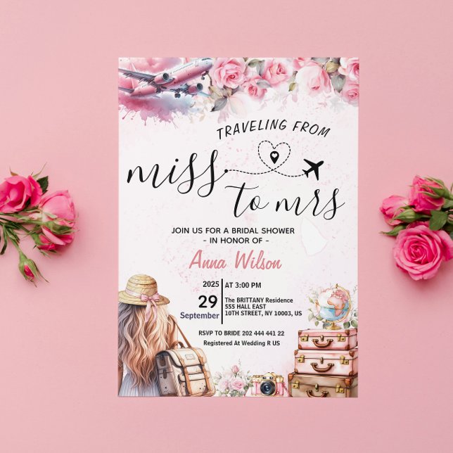 Convite Viagem de Solteira para Casada: Chá de Noiva (traveling from miss to mrs bridal shower invitations love is a journey around the world)
