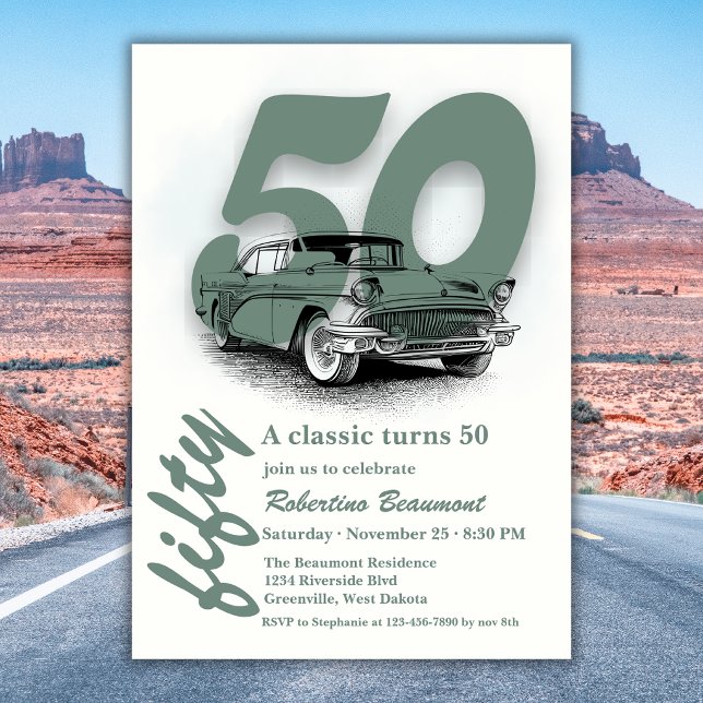 Convite Viagem Verde Carro Clássico Completa 50 Anos (Criador carregado)