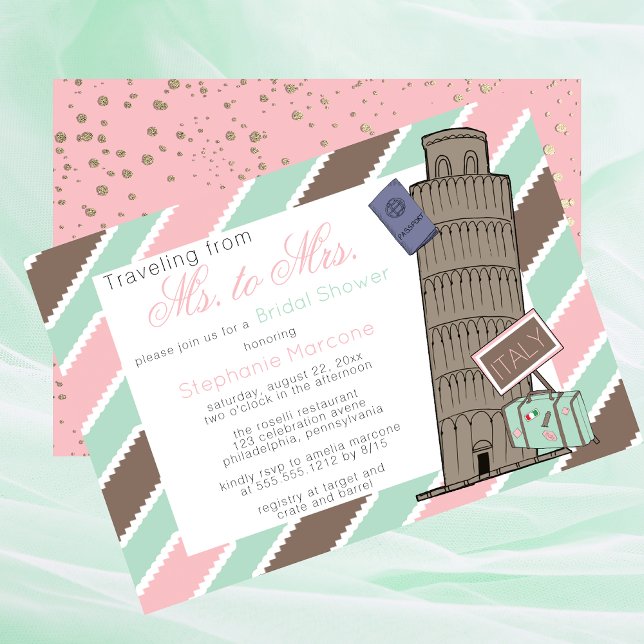 Convite Viajando da Sra. à Sra. Itália Chá de panela Tema (Traveling From Ms To Mrs Italy Travel Destination Leaning Tower of Pisa Bridal Shower Invitation)