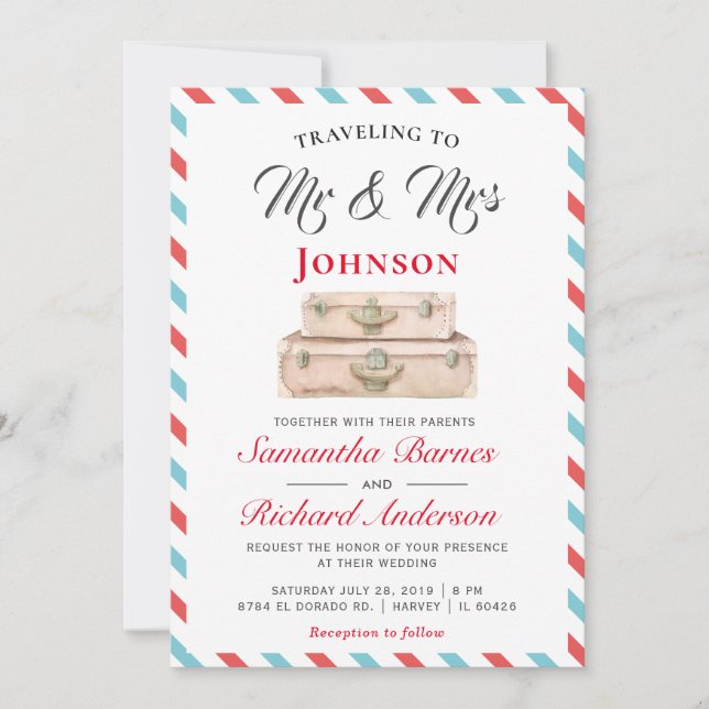 Convite Viajando para o casamento entre o Sr. e a Sra. Via (Frente)