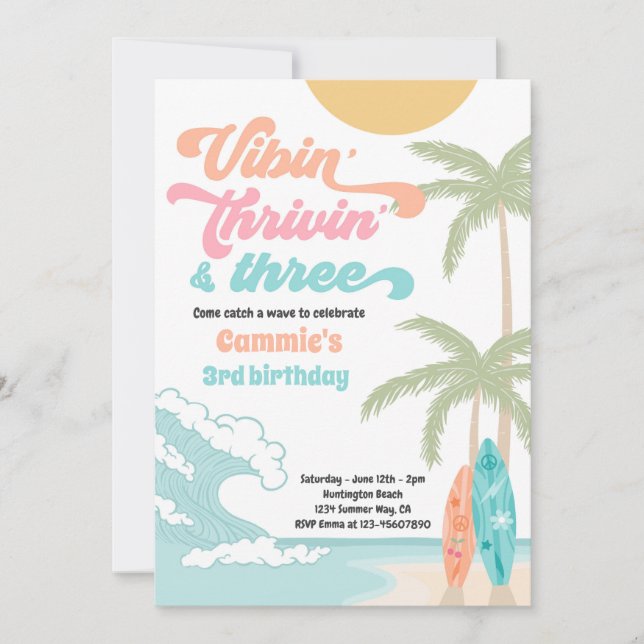 Convite Vibin' Thrivin' e Three Retro Surf Beach Birthday (Frente)