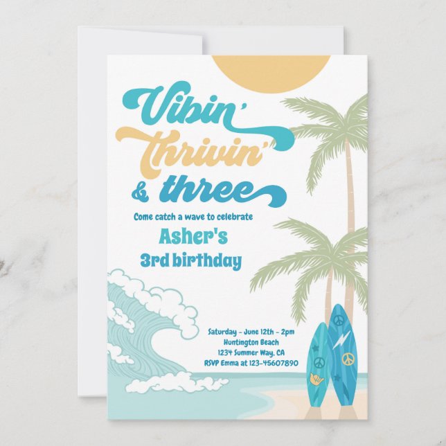 Convite Vibin' Thrivin' e Three Retro Surf Beach Birthday (Frente)