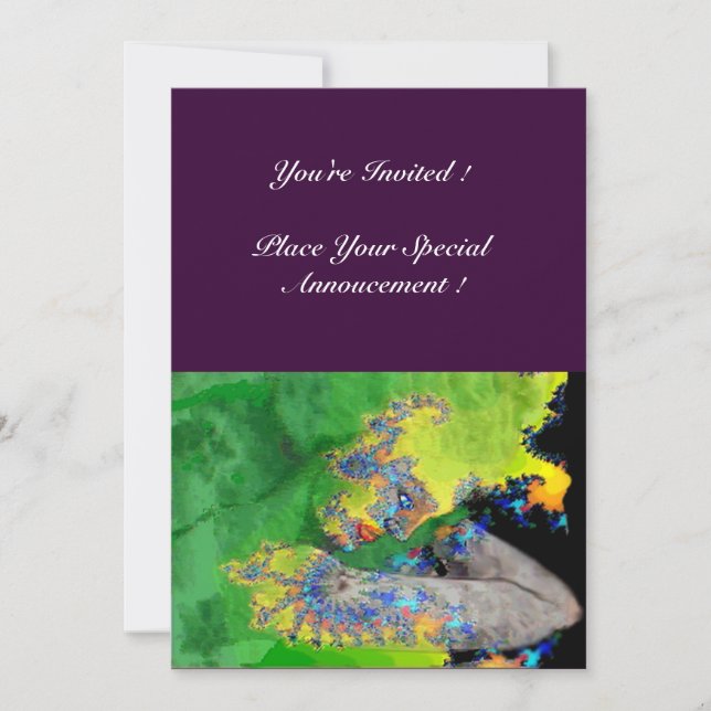 Convite VIBRAÇÕES DE MATÉRIA, verde-amarelo púrpura (Frente)