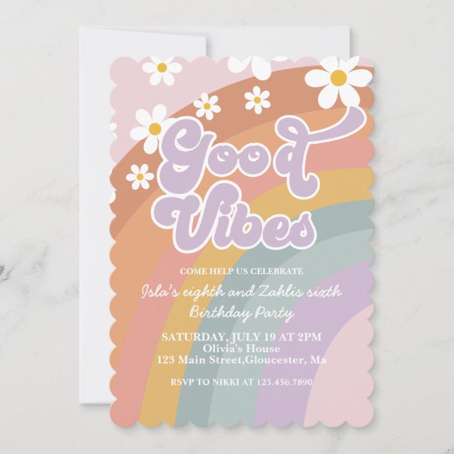 Convite Vibrações Groovy Arco-íris de Aniversário Retro (Frente)