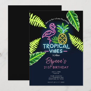 Convite Vibrações Tropicais Brilho Neon Folhas Festa de An