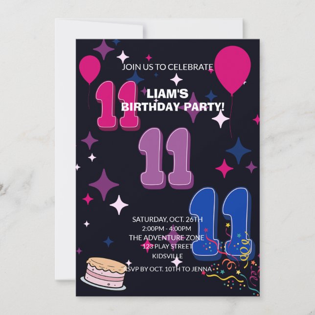 Convite Vibrant 11th Birthday | Pink Blue Confetti (Frente)