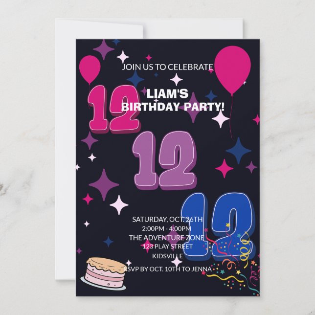 Convite Vibrant 12th Birthday | Pink Blue Confetti (Frente)