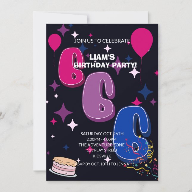 Convite Vibrant 6th Birthday | Pink Blue Confetti (Frente)