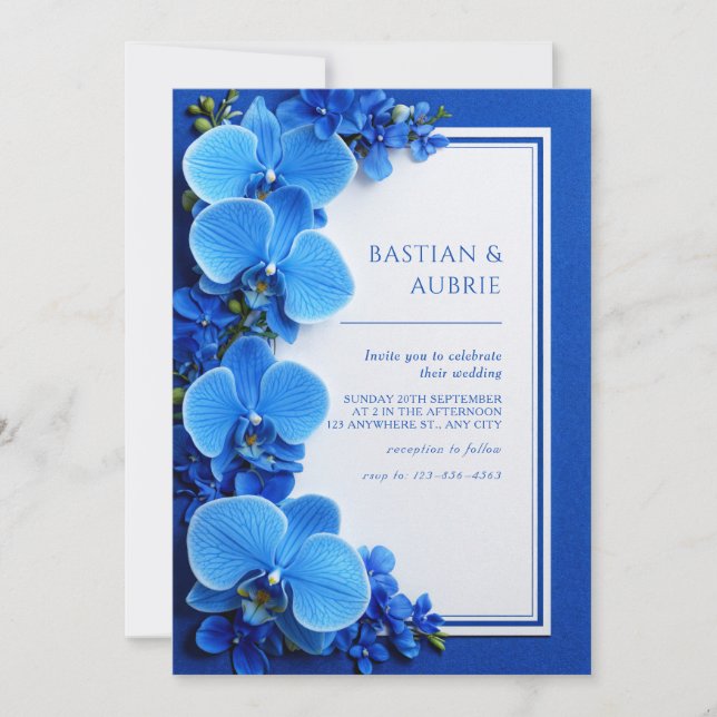 Convite Vibrant Azure Blue Botanical Orchid Wedding (Frente)