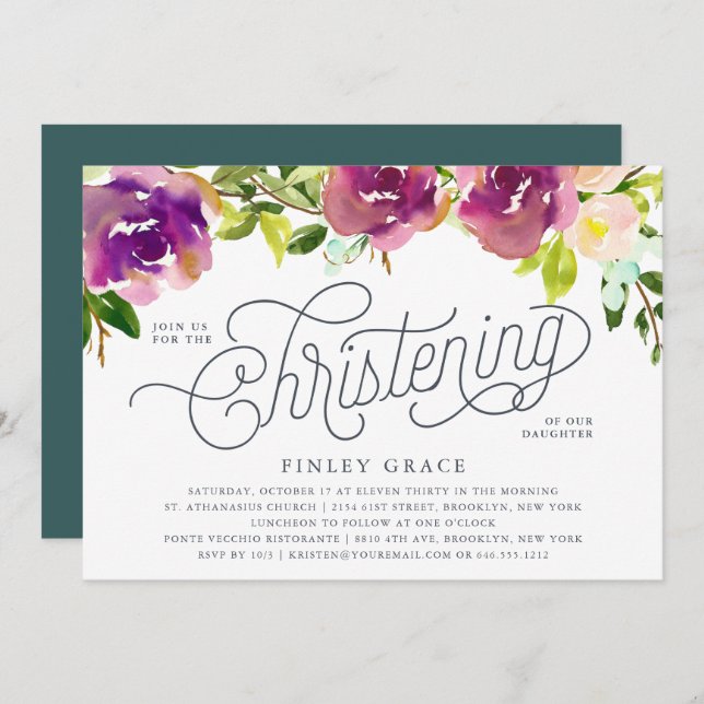 Convite Vibrant Bloom Christening Invitation (Frente/Verso)
