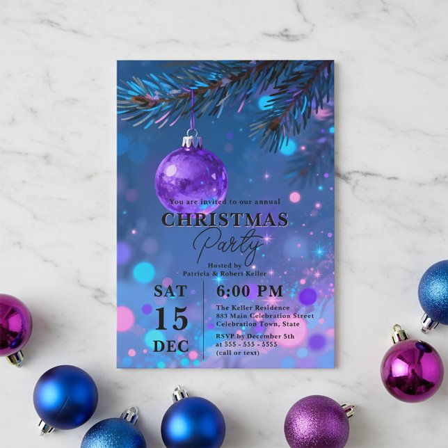 Convite Vibrant Blue Purple Bauble Bokeh Christmas Party (Criador carregado)