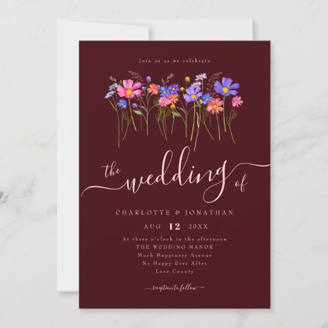 Convite Vibrant Bold Wildflowers Burgundy Pink Wedding (Frente)