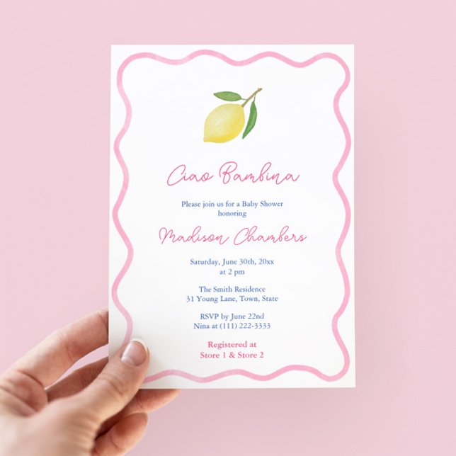 Convite Vibrant Ciao Bambina Pink Citrus Girl Chá de frald (Ciao Bambina! Modern Wavy Border Citrus Lemon Baby Shower Invitation with pink accents. )
