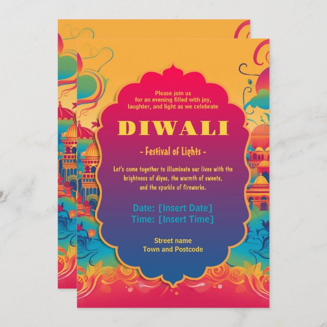 Convite Vibrant Diwali Harmon (Frente/Verso)