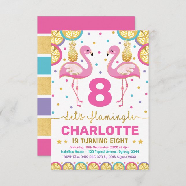 Convite Vibrant Flamingo Tropical Birthday Party (Frente/Verso)