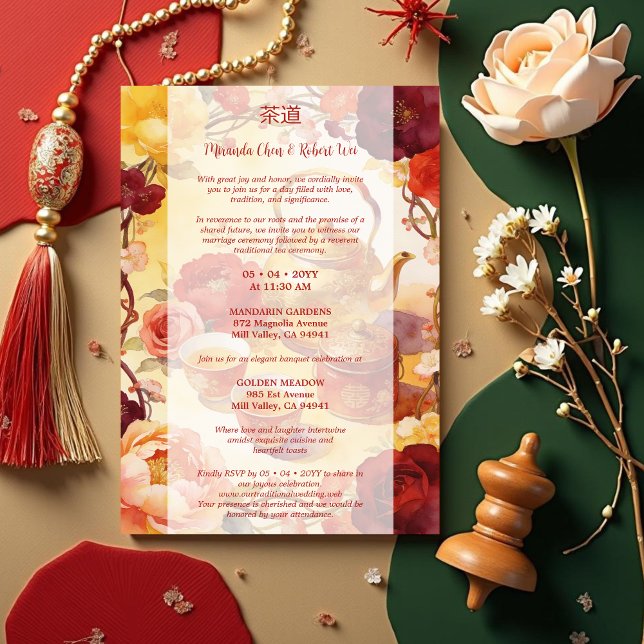 Convite Vibrant Floral Chinese Tea Ceremony Wedding (Colorful Chinese Tea Ceremony Wedding Invitation Cadrs.)