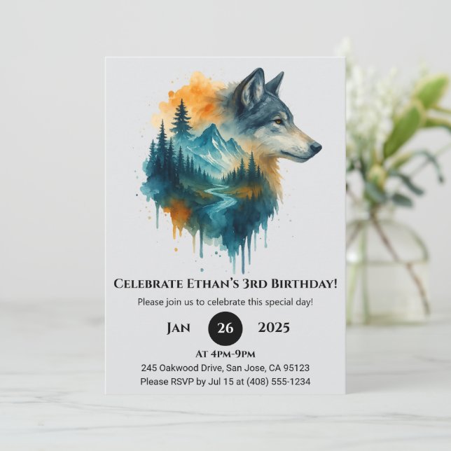 Convite Vibrant Forest Wolf Birthday (Em pé/Frente)