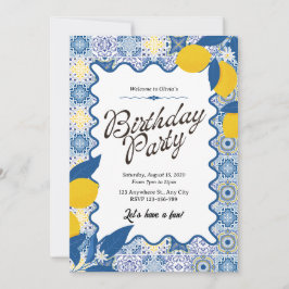 Convite Vibrant Mediterranean Lemon & Blue Birthday