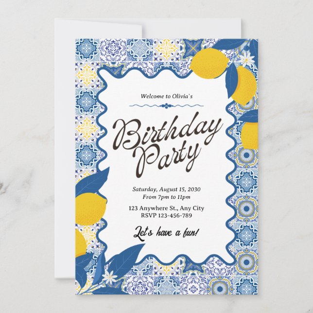 Convite Vibrant Mediterranean Lemon & Blue Birthday (Frente)