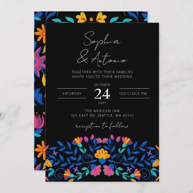 Convite Vibrant Mexicano Floral Fiesta Wedding (Frente/Verso)