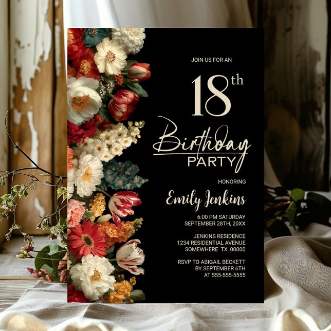 Convite Vibrant Moody Floral Black 18th Birthday Party (Criador carregado)