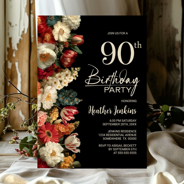 Convite Vibrant Moody Floral Black 90th Birthday Party (Criador carregado)