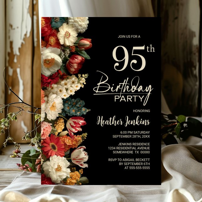 Convite Vibrant Moody Floral Black 95th Birthday Party (Criador carregado)