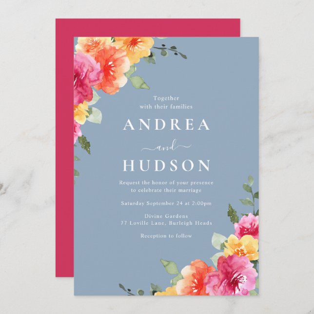 Convite Vibrant Pink Floral Dusty Blue Wedding (Frente/Verso)