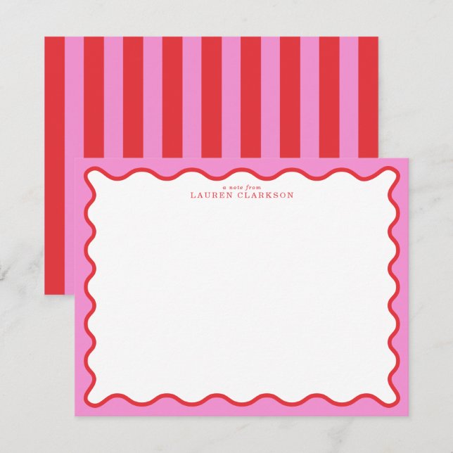 Convite Vibrant Pink & Red Modern Wavy Border Note Card (Frente/Verso)