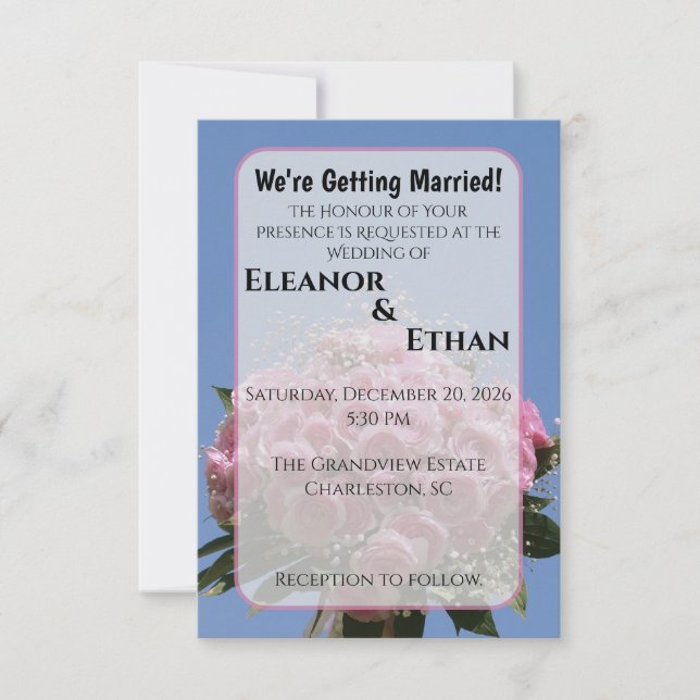 Convite Vibrant Pink Rose Bouquet & Blue Sky Summer  (Frente)