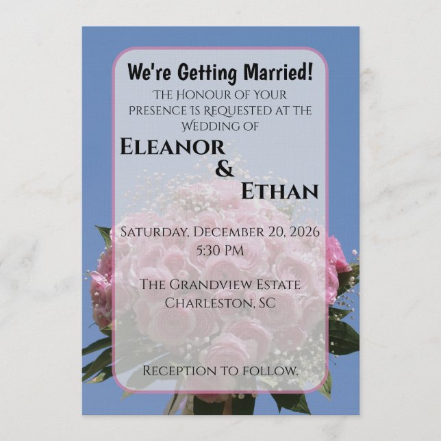 Convite Vibrant Pink Rose Bouquet & Blue Sky Summer  (Frente)