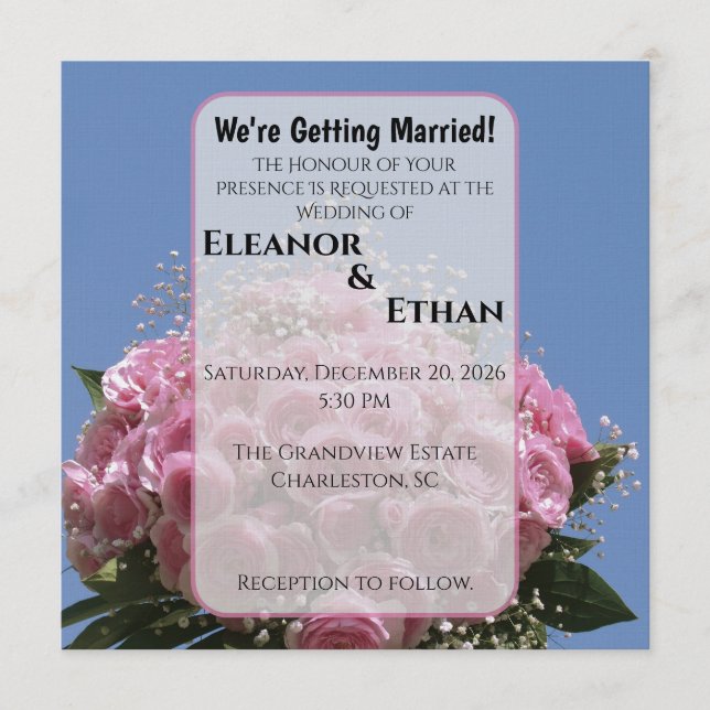 Convite Vibrant Pink Rose Bouquet & Blue Sky Summer  (Frente)