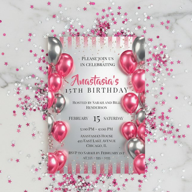 Convite Vibrant Pink Silver Balloons Glitter 15th Birthday (Criador carregado)