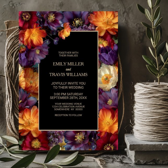 Convite Vibrant Purple and Orange Floral Black Wedding (Criador carregado)