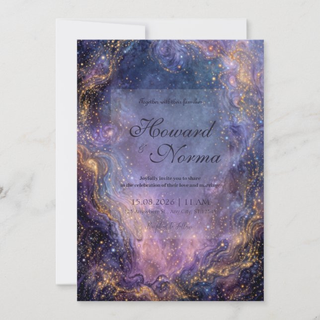 Convite Vibrant Purple Gold Celestial Nebula Wedding (Frente)