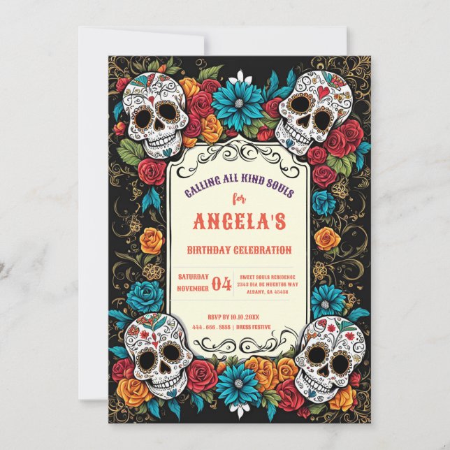 Convite Vibrant Sugar Skulls Day of the Dead Invite (Frente)