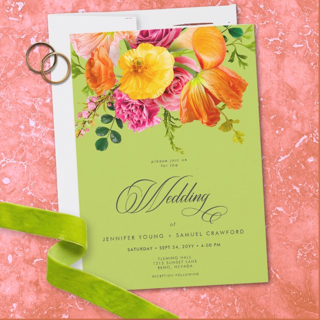 Convite Vibrant Summer Floral Lime Orange Pink Wedding (Vibrant Summer Floral Lime Orange Pink Wedding Invitation)