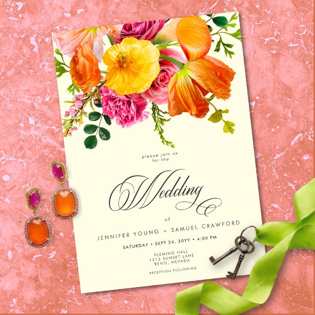 Convite Vibrant Summer Floral Yellow Orange Pink Wedding (Vibrant Summer Floral Yellow Orange Pink Wedding Invitation)