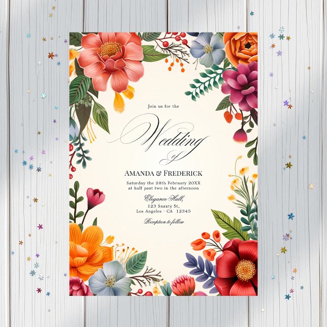 Convite Vibrant Watercolor Floral Fiesta Weding Código QR (Vibrant Watercolor Floral Fiesta Wedding QR Code Invitation)