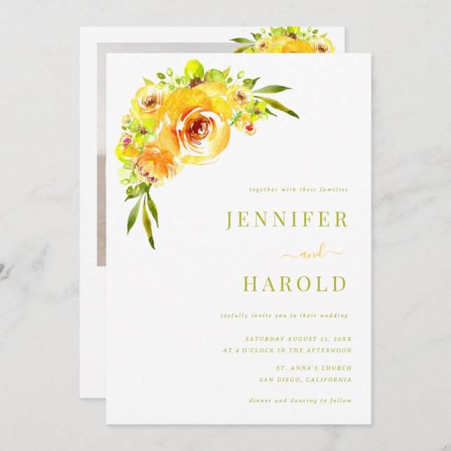 Convite Vibrant Yellow & Green Floral Garden Photo Wedding (Frente/Verso)