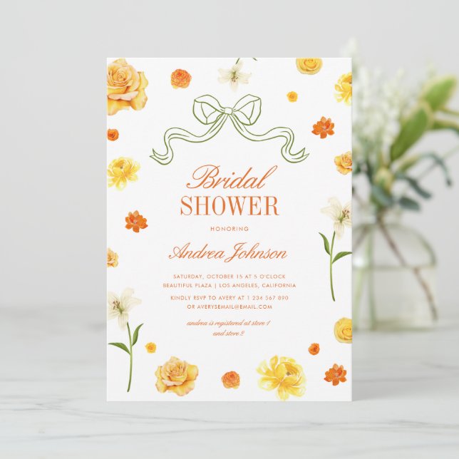 Convite Vibrant Yellow Orange Floral Bow Bridal Shower (Em pé/Frente)