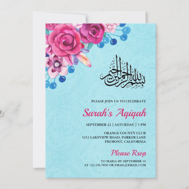 Convite Vibrante Aqiqah de Bebê Menina com Flores Rosa (Frente)