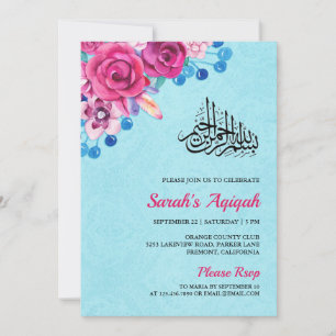Convite Vibrante Aqiqah de Bebê Menina com Flores Rosa