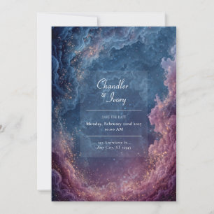 Convite Vibrante Casamento Nebulosa Celestial Roxo e Azul 