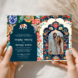 Convite Vibrante Elefante de Arte Popular Indiana Casament